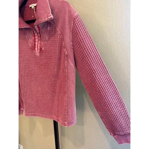 Easel Women's Thermal Waffle Knit Zip-Up Washed Long Sleeve Top Mulberry Size S - Picture 6 of 9